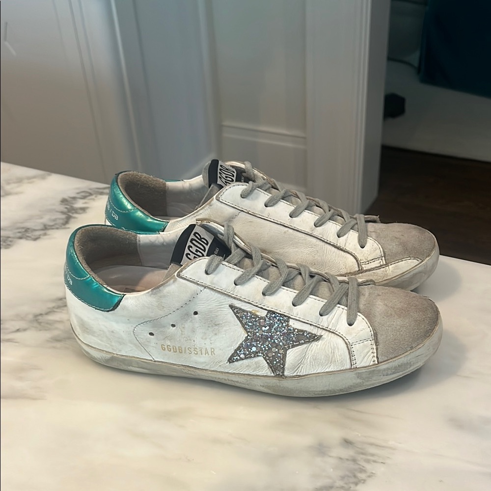 Golden Goose White and Teal Sneakers
